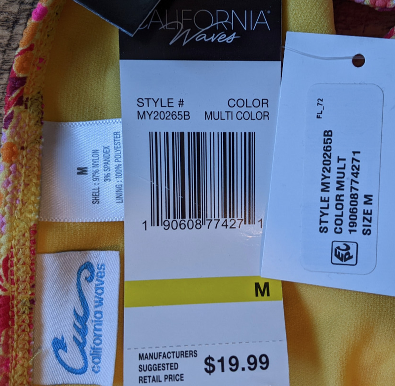 California Waves Bikini Bottom Floral Print Medium Swim Bottoms Yellow Pink Red