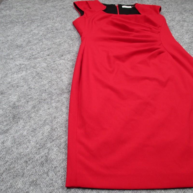 Calvin Klein Dress Womens Size 10 Red Black Sheath Cap Sleeve Ruched Stretch