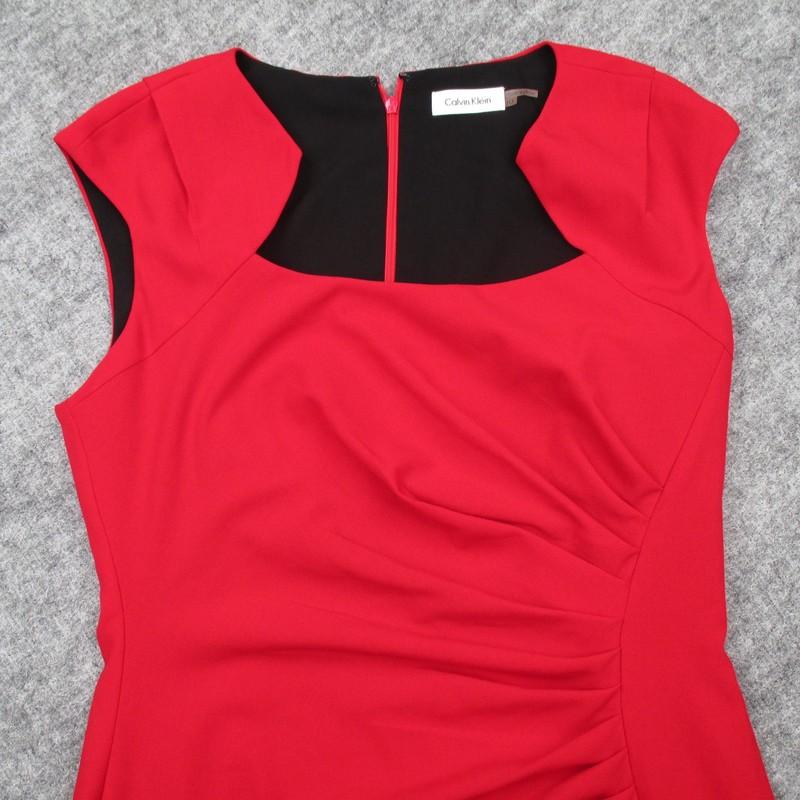 Calvin Klein Dress Womens Size 10 Red Black Sheath Cap Sleeve Ruched Stretch