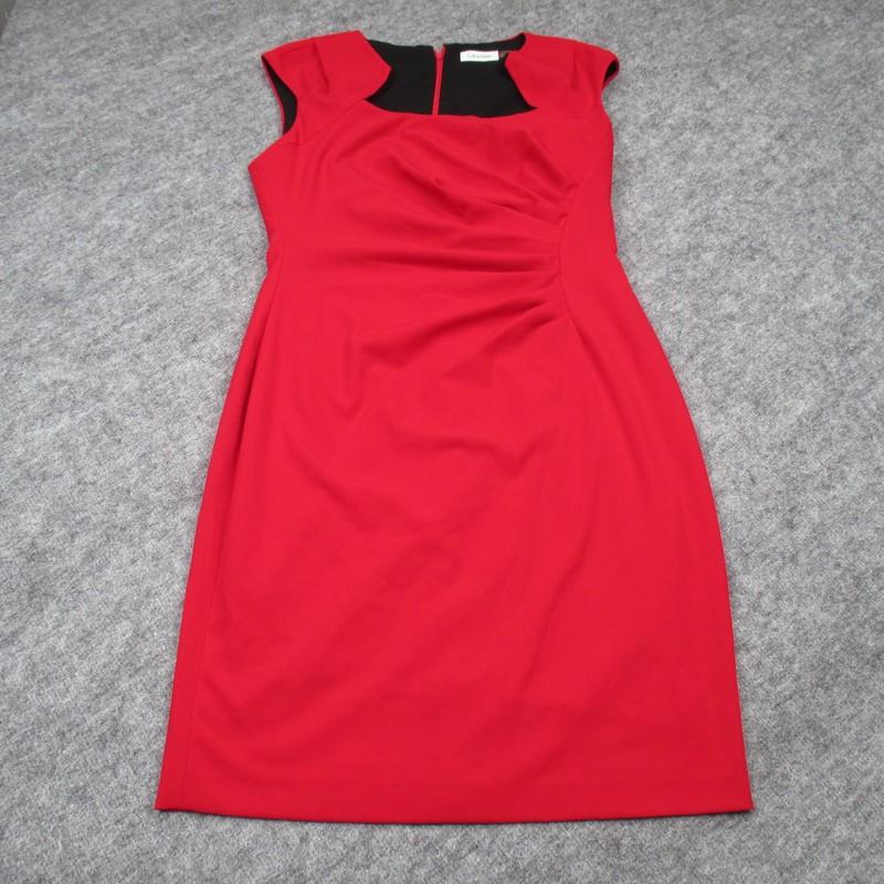Calvin Klein Dress Womens Size 10 Red Black Sheath Cap Sleeve Ruched Stretch