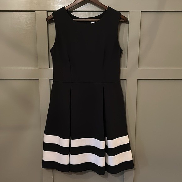 Calvin Klein Fit Flare Dress Black White Stripes Office Career Cocktail Size 10