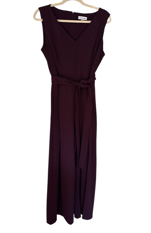 Calvin Klein Wide Leg Jumpsuit Womens 12 Purple Sleeveless Belted Back Zip