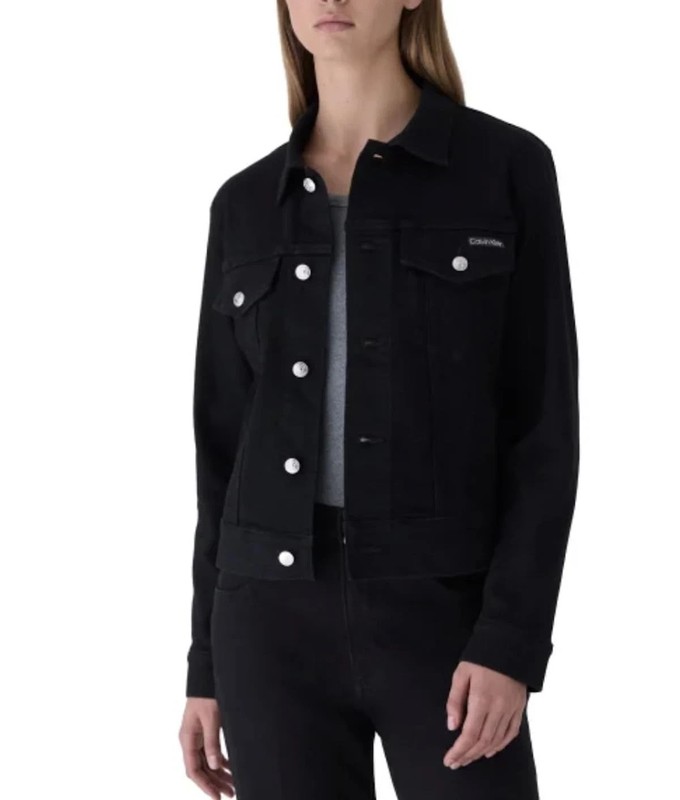 Calvin Klein Women's Button Up Denim Classic Trucker Jacket Black Sz L Stretch