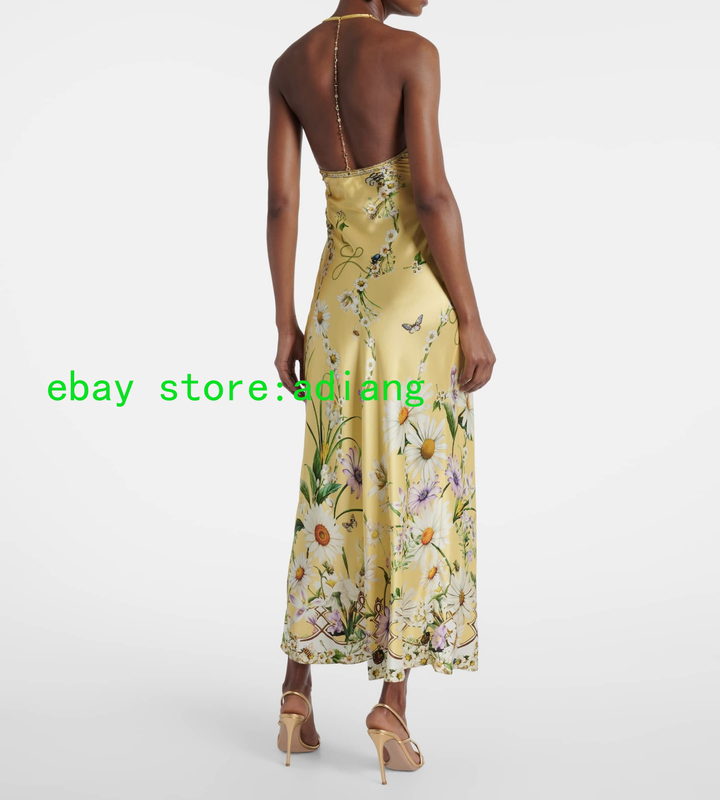 CAMILLA 100%Silk Printed Big V-neck Hanging Neck Hot Drill Sexy Maxi Dress Women