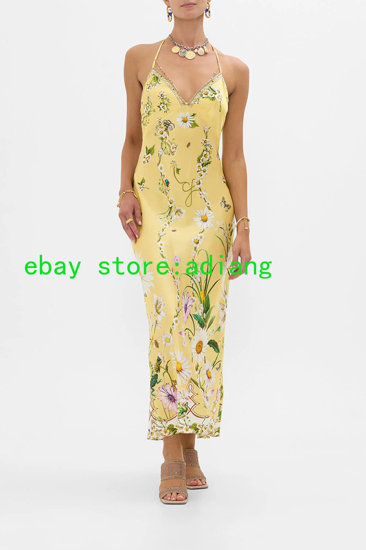 CAMILLA 100%Silk Printed Big V-neck Hanging Neck Hot Drill Sexy Maxi Dress Women