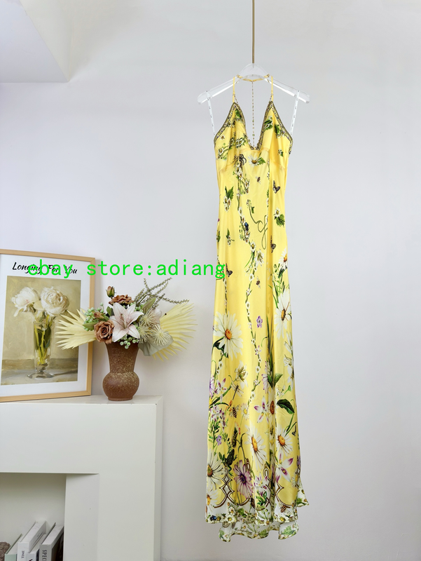CAMILLA 100%Silk Printed Big V-neck Hanging Neck Hot Drill Sexy Maxi Dress Women