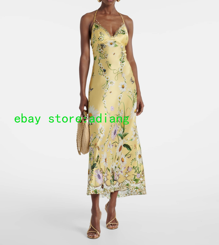 CAMILLA 100%Silk printed Big V-neck hanging neck hot drill sexy maxi dress women
