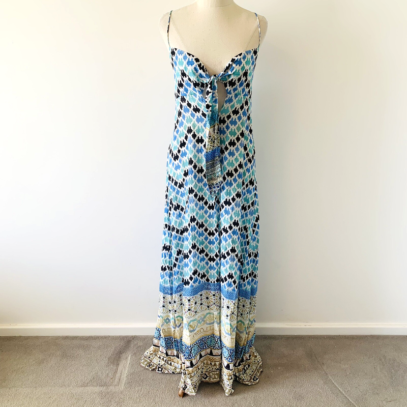 Camilla Majolica Silk Strappy Dress Size 1 Blue Tones Tie Bust Euro Summer
