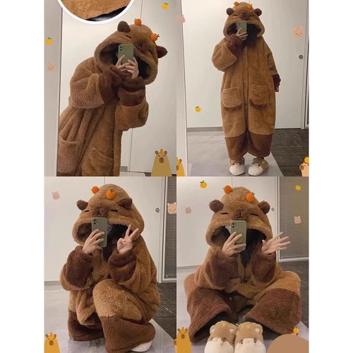 Capibara Nightgown Winter Sleepwear Cute Pajamas+Pants Set
