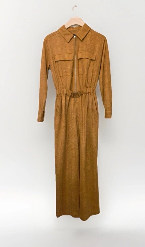CARA SANTANA Suede Leather Jumpsuit Snake Print Yellow Diamondback XS-M Stretch