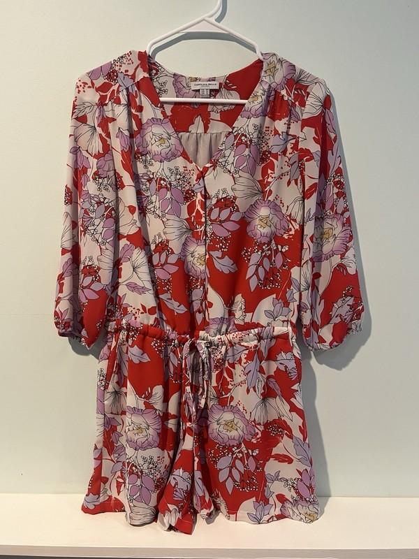 Carolina Belle Women’s Red/White/Purple Floral 3/4 Sleeve Romper Mid Tie Size 6