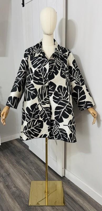 Caroline Rose Size L Palm Paradise Jacquard Jacket Black Ivory Polyester Silk