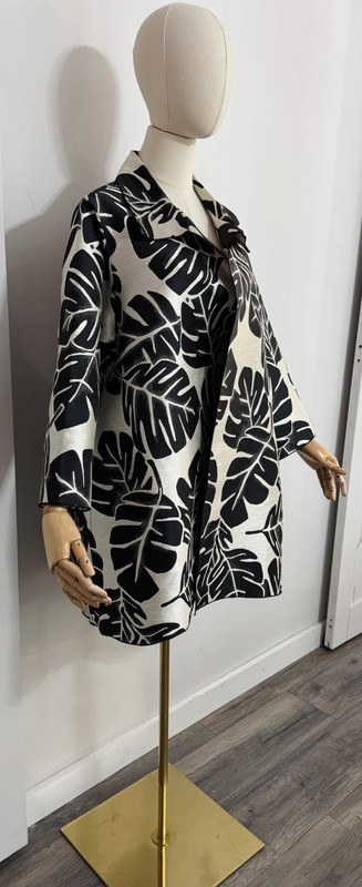 Caroline Rose Size L Palm Paradise Jacquard Jacket Black Ivory Polyester Silk
