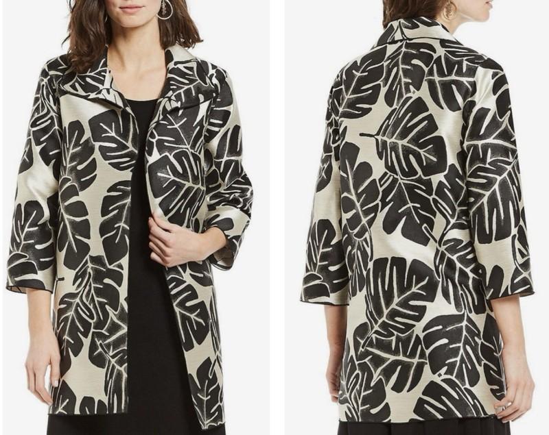 Caroline Rose Size L Palm Paradise Jacquard Jacket Black Ivory Polyester Silk