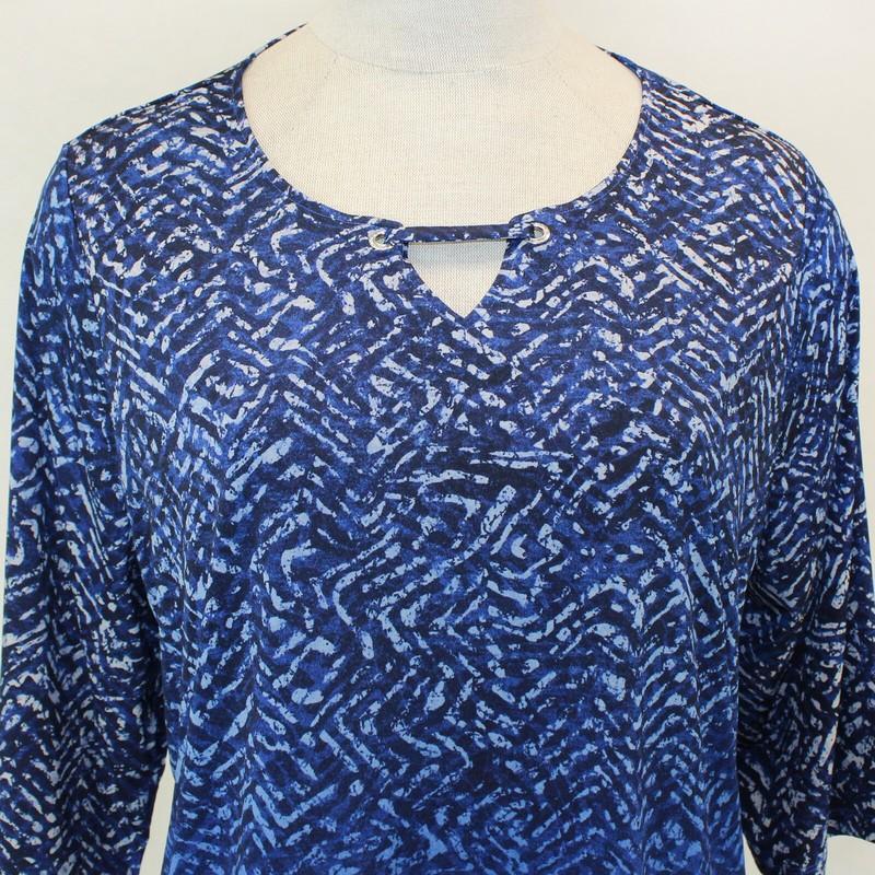 Catherines Plus Blue Keyhole 3/4 Sleeve Blouse Top Tunic Petite 1X 18/20