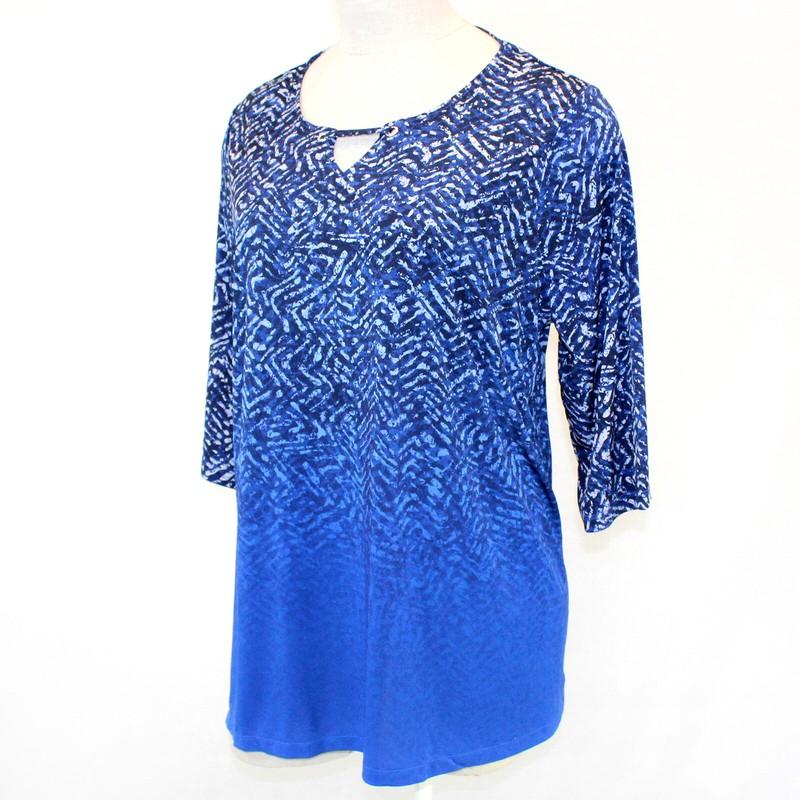 Catherines Plus Blue Keyhole 3/4 Sleeve Blouse Top Tunic Petite 1X 18/20