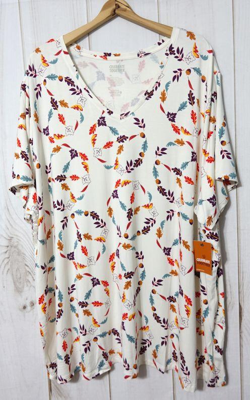 Celebrate Together V-Neck T-Shirt Women's 5X Lightweight Ivory Peace Leaves NEW