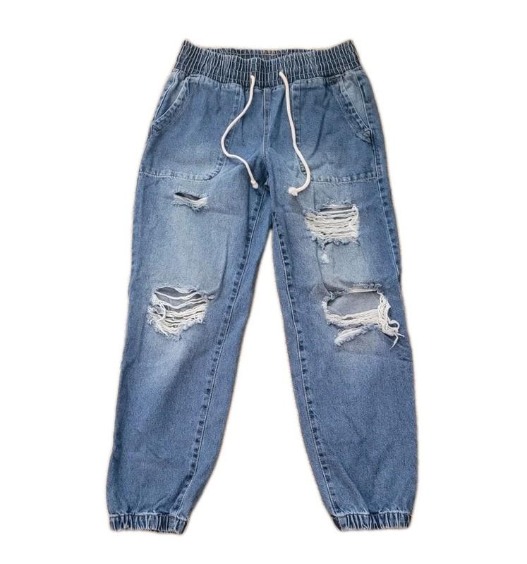 Celebrity Pink Jeans Womens S Blue Distressed Elastic Waist Pull On Denim Jogger