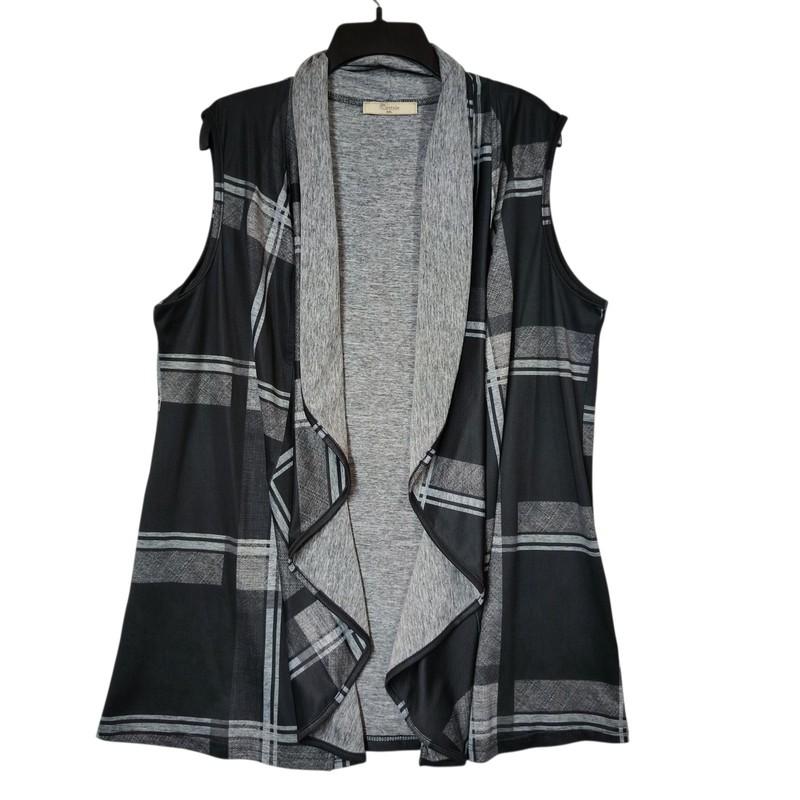 CeStyle Waterfall Collar Open Front Vest Black Gray Plaid Women's XXL