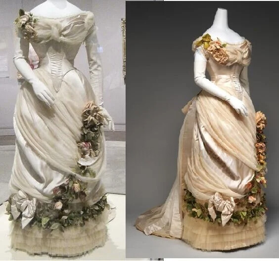 Champagne History Garment 3D Floral Wedding Dresses Bustle Victorian Ruched