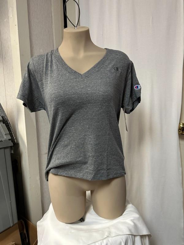 Champion Womens Large Gray V-Neck T-Shirt Tee