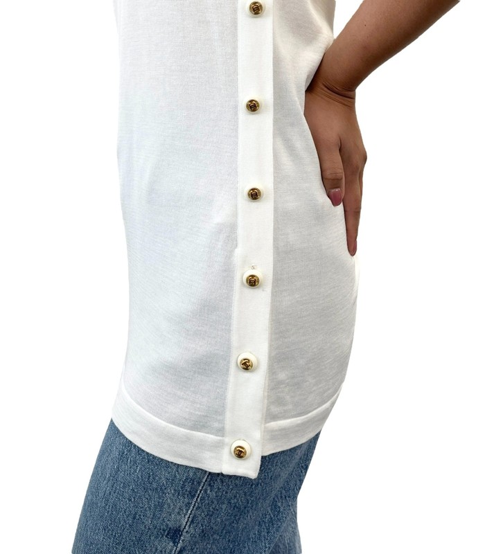 CHANEL Vintage CC Logo Tank Top Tunic #34 White Cotton Knit Sleeveless Button