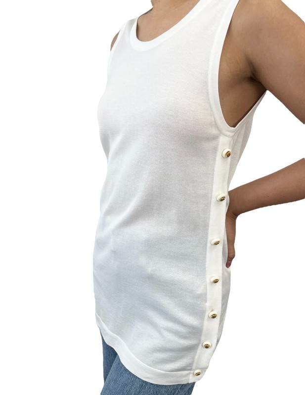 CHANEL Vintage CC Logo Tank Top Tunic #34 White Cotton Knit Sleeveless Button