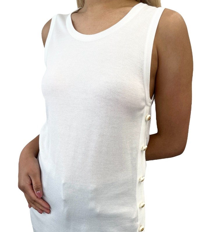 CHANEL Vintage CC Logo Tank Top Tunic #34 White Cotton Knit Sleeveless Button