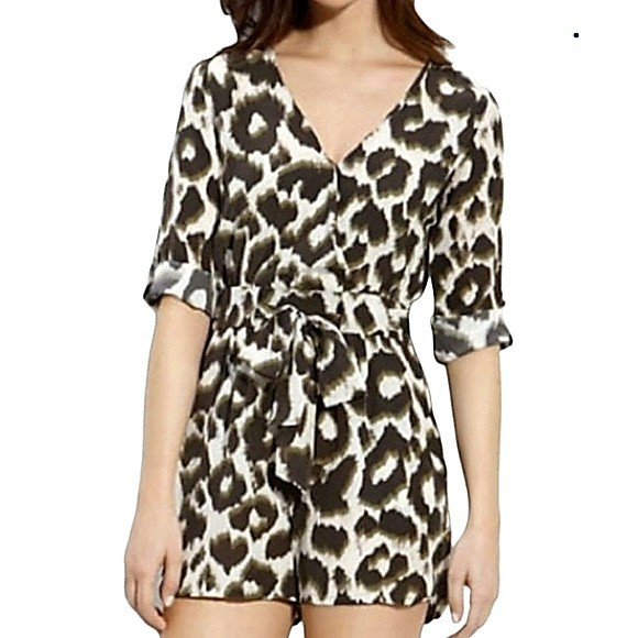 Charlie Jade Women's Romper Size Medium Animal Print White Brown Green 100% Silk