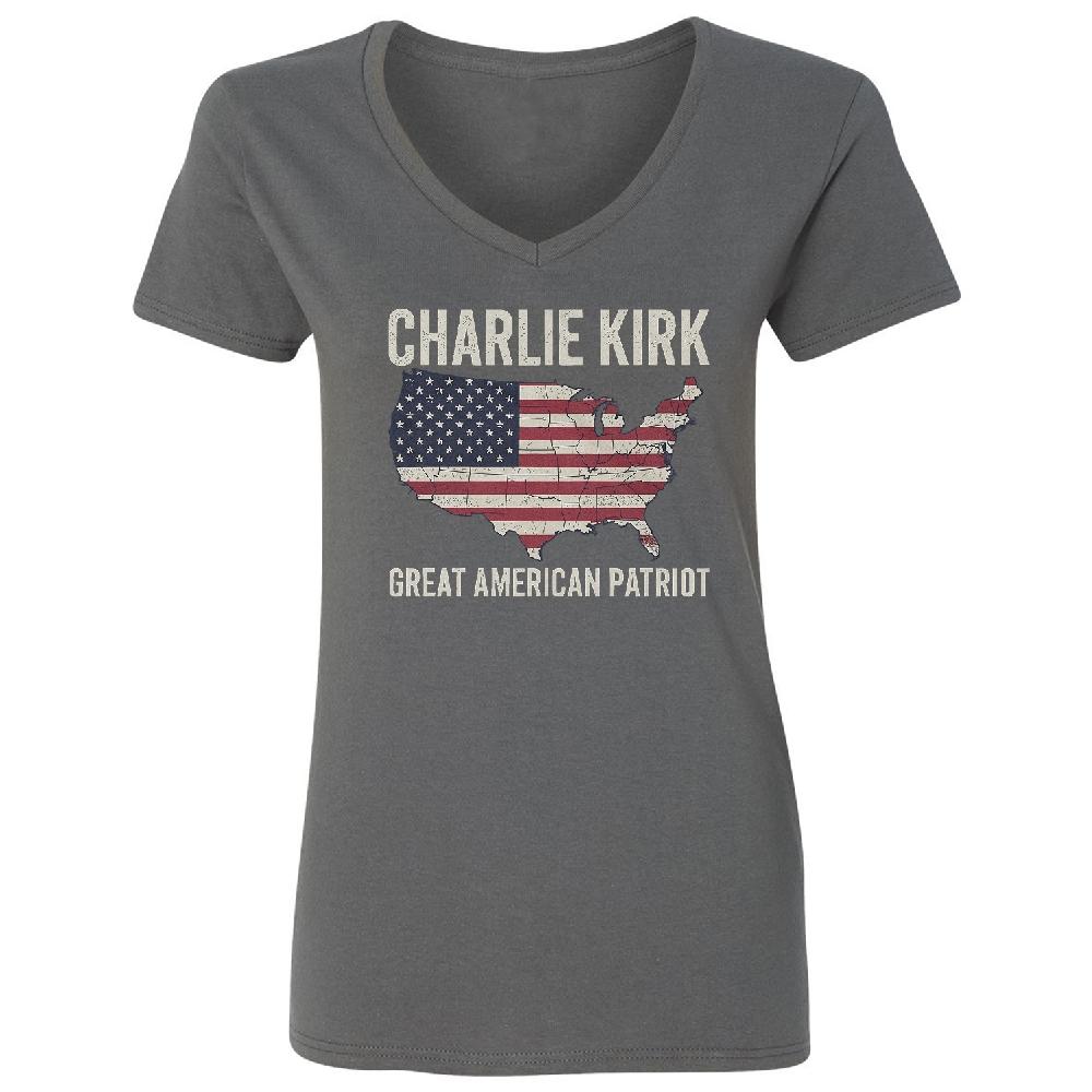 Charlie Kirk Great American Patriot Memorial Tribute Ladies' V-Neck Tshirt