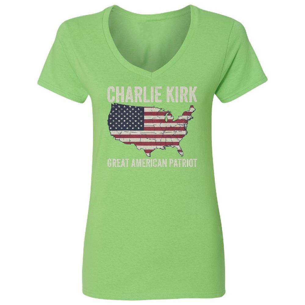 Charlie Kirk Great American Patriot Memorial Tribute Ladies' V-Neck Tshirt