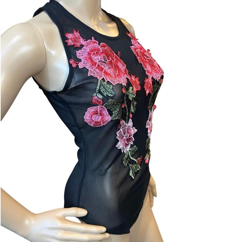 Charlotte Russe Black Mesh Pink Floral Appliqué Bodysuit SZ Medium Fairy Flirty