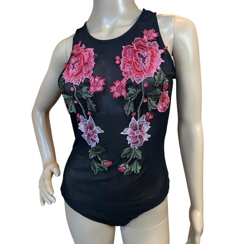 Charlotte Russe Black Mesh Pink Floral Appliqué Bodysuit SZ Medium Fairy Flirty