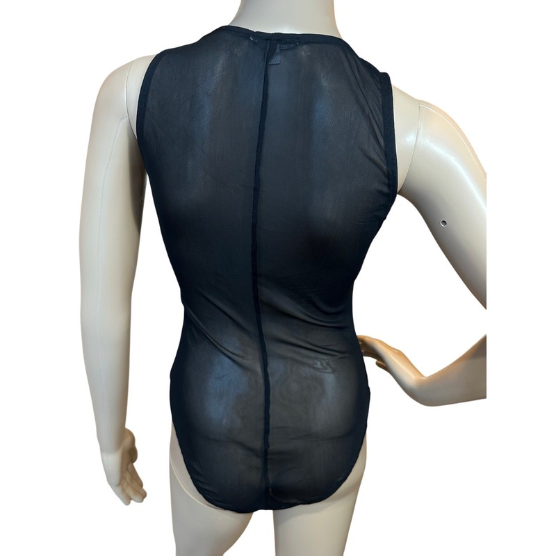 Charlotte Russe Black Mesh Pink Floral Appliqué Bodysuit SZ Medium Fairy Flirty