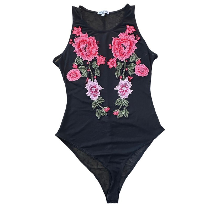 Charlotte Russe Black Mesh Pink Floral Appliqué Bodysuit SZ Medium Fairy Flirty