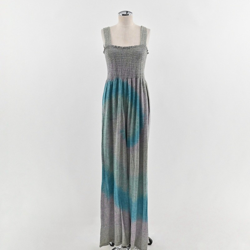 CHASER Womens Smocked Tie Dye Jumpsuit Size L Gray Blue Wide Leg Comfy Hippie