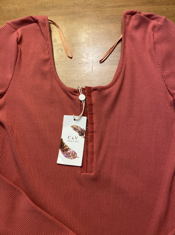 Chelsea & Violet Juniors Bodysuit Rose Colored Long Sleeves Scoop Neck XL Nwt