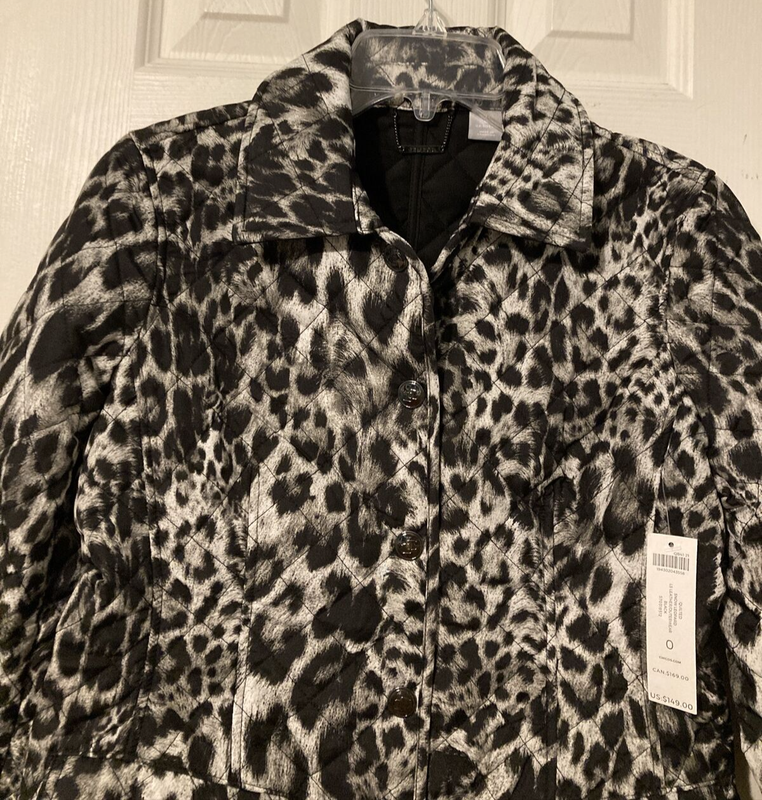 Chico's Black Label Black/Gray/White Snow Leopard Quilted Jacket Size 0(4/6) NWT