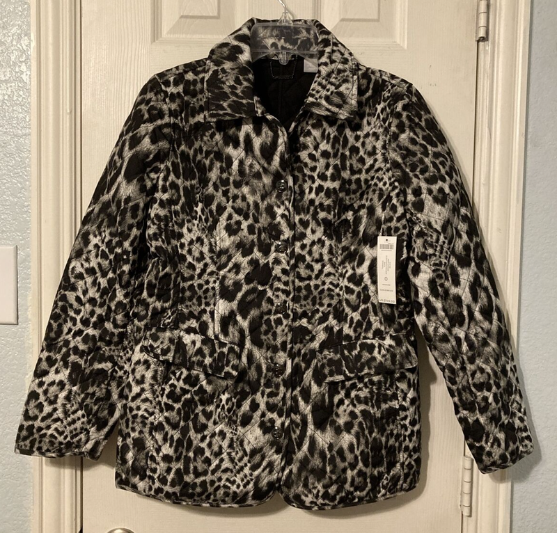 Chico's Black Label Black/Gray/White Snow Leopard Quilted Jacket Size 0(4/6) NWT
