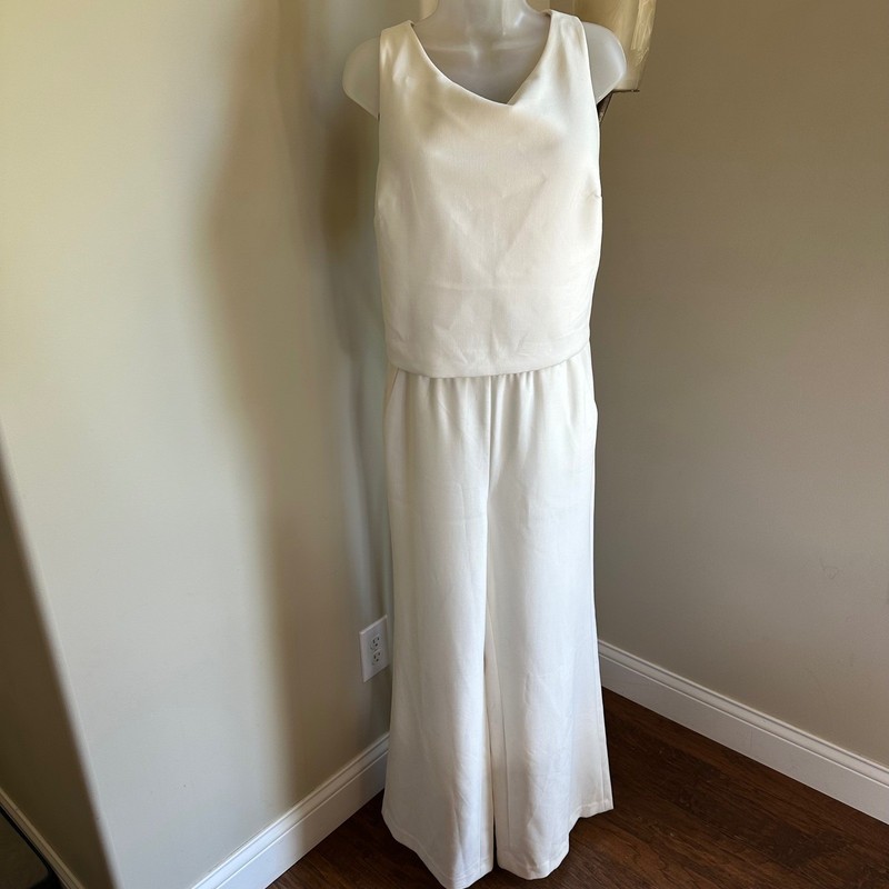 Chico's Black Label Sleeveless Jumpsuit Wide Leg Ivory Elegant Outfit 2 10 12
