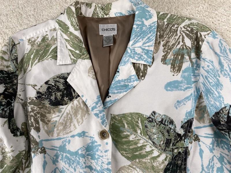 Chico's Blazer Jacket Womens Size 2 Silk Blend Tropical White Green Blue