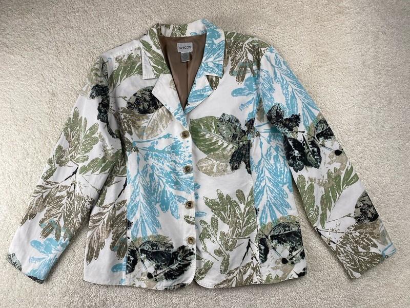 Chico's Blazer Jacket Womens Size 2 Silk Blend Tropical White Green Blue