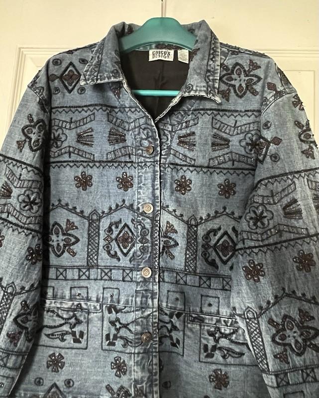 Chico’s Design Denim Beaded Embroidered Jacket Button Up Pockets SZ:3 NWOT