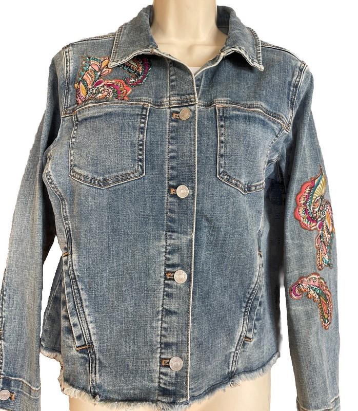 Chico’s Embroidered beaded Oakleaf Indigo Denim Jean Jacket Size 1 (Med 8)