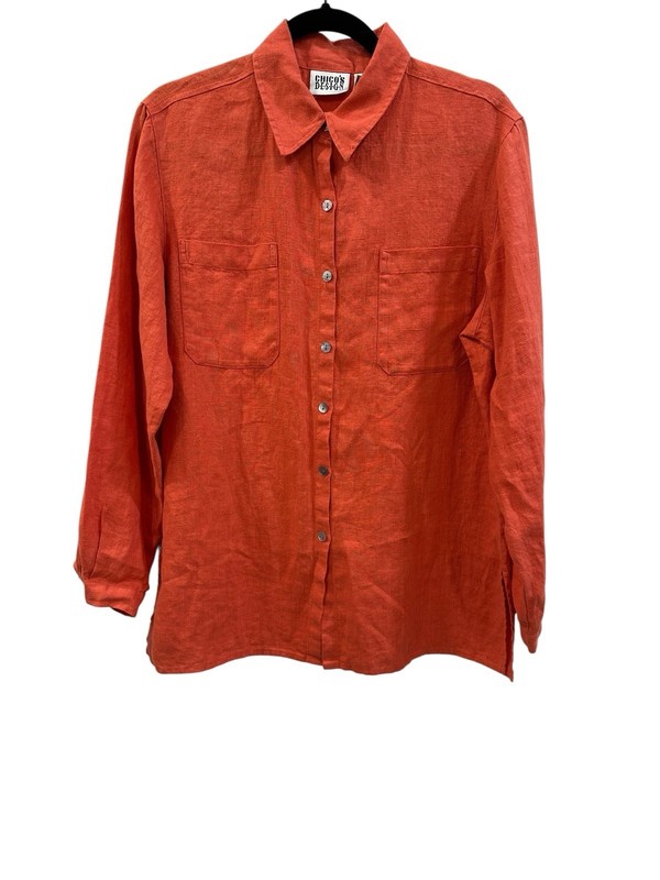 CHICO'S Shirt Size 1 Womens M Solid Coral 100% Linen Beach Coastal Minimalist