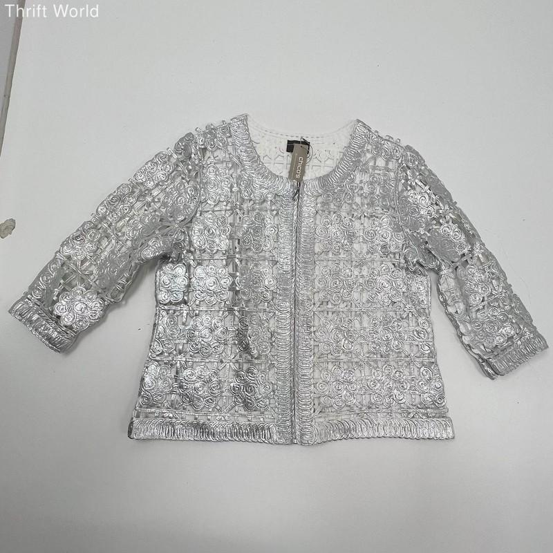 Chico's Travelers NWT Silver Foiled Lace Metallic Bomber Jacket Women's Size 2