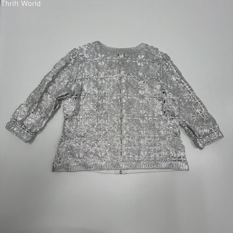 Chico's Travelers NWT Silver Foiled Lace Metallic Bomber Jacket Women's Size 2