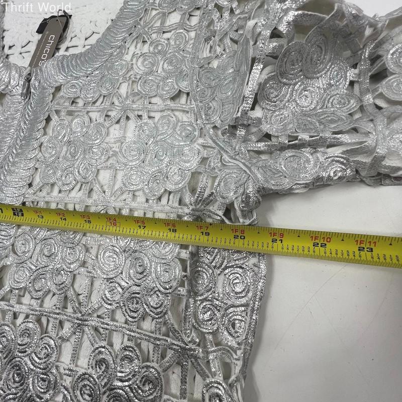 Chico's Travelers NWT Silver Foiled Lace Metallic Bomber Jacket Women's Size 2