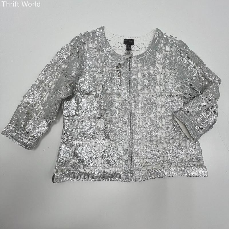 Chico's Travelers NWT Silver Foiled Lace Metallic Bomber Jacket Women's Size 2