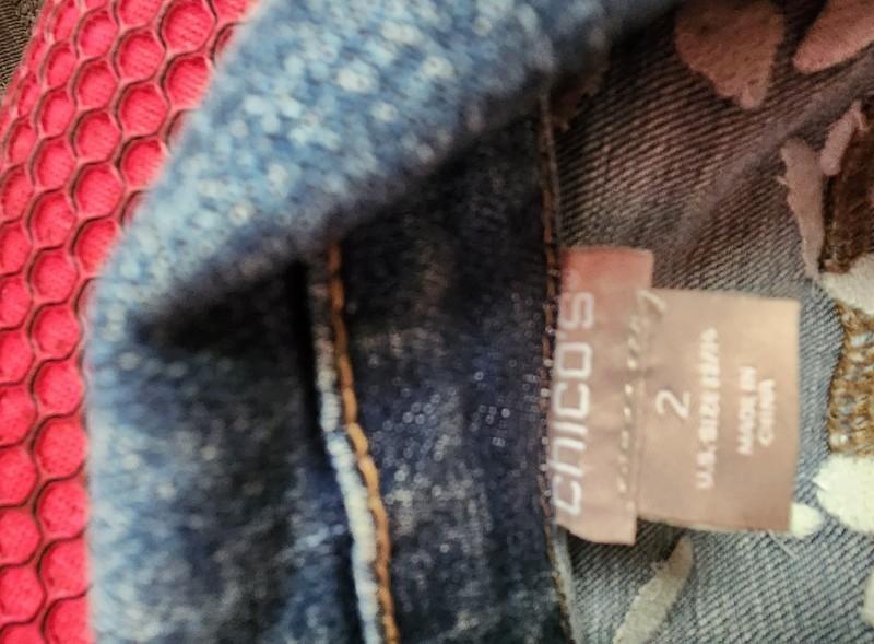 Chico's Women's Denim Jacket Size 2 With Colorful Embroidery
